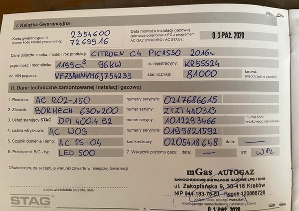 Citroen C4 Picasso cena 41000 przebieg: 171000, rok produkcji 2016 z Kraków małe 379